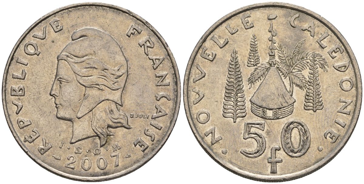 Французская Новая Каледония 50 франков 2007 хижина среди сосен и пальм, (IEOM) KM 13a, Schoen 15a, Lec 128i медно-никель 4144-832