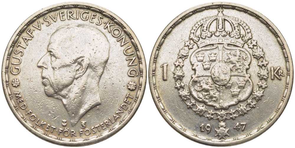 Швеция 1 крона 1947 TS, Густав V (1907-1950) KM 814 серебро 119-1126