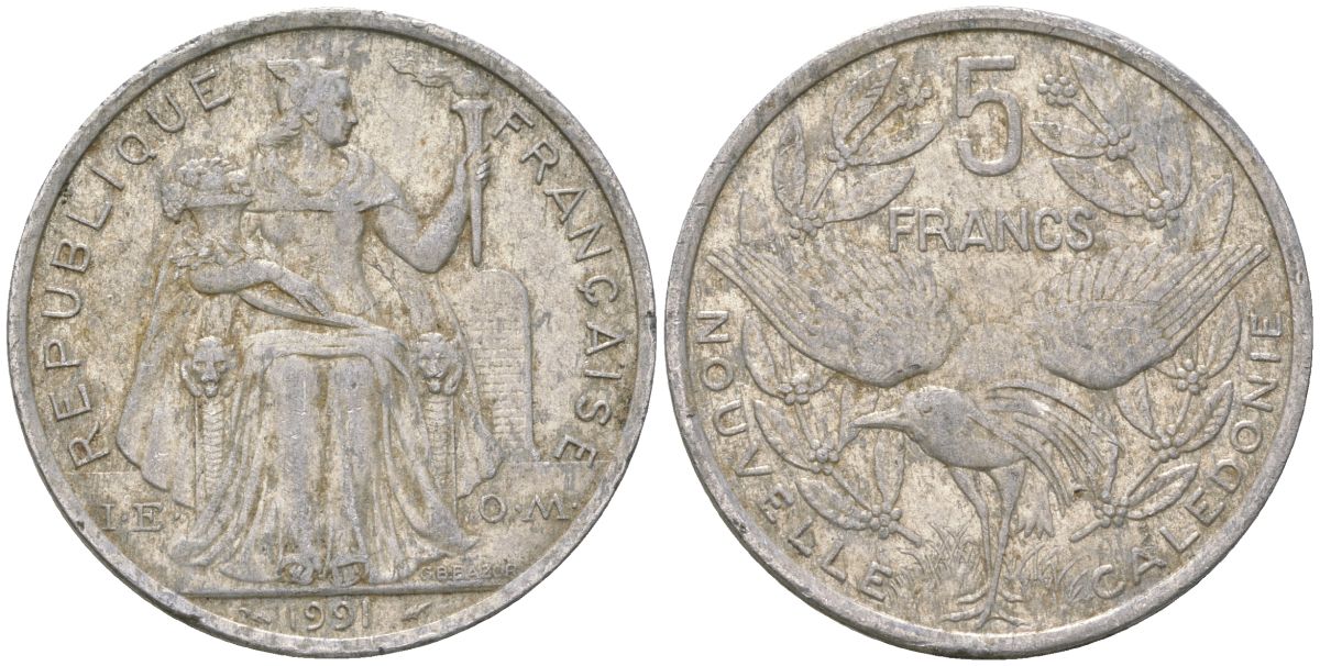 Французская Новая Каледония 5 франков 1991 птица кагу, (IEOM) KM 16, Schoen 12, Lec 79 алюминий 180-1125