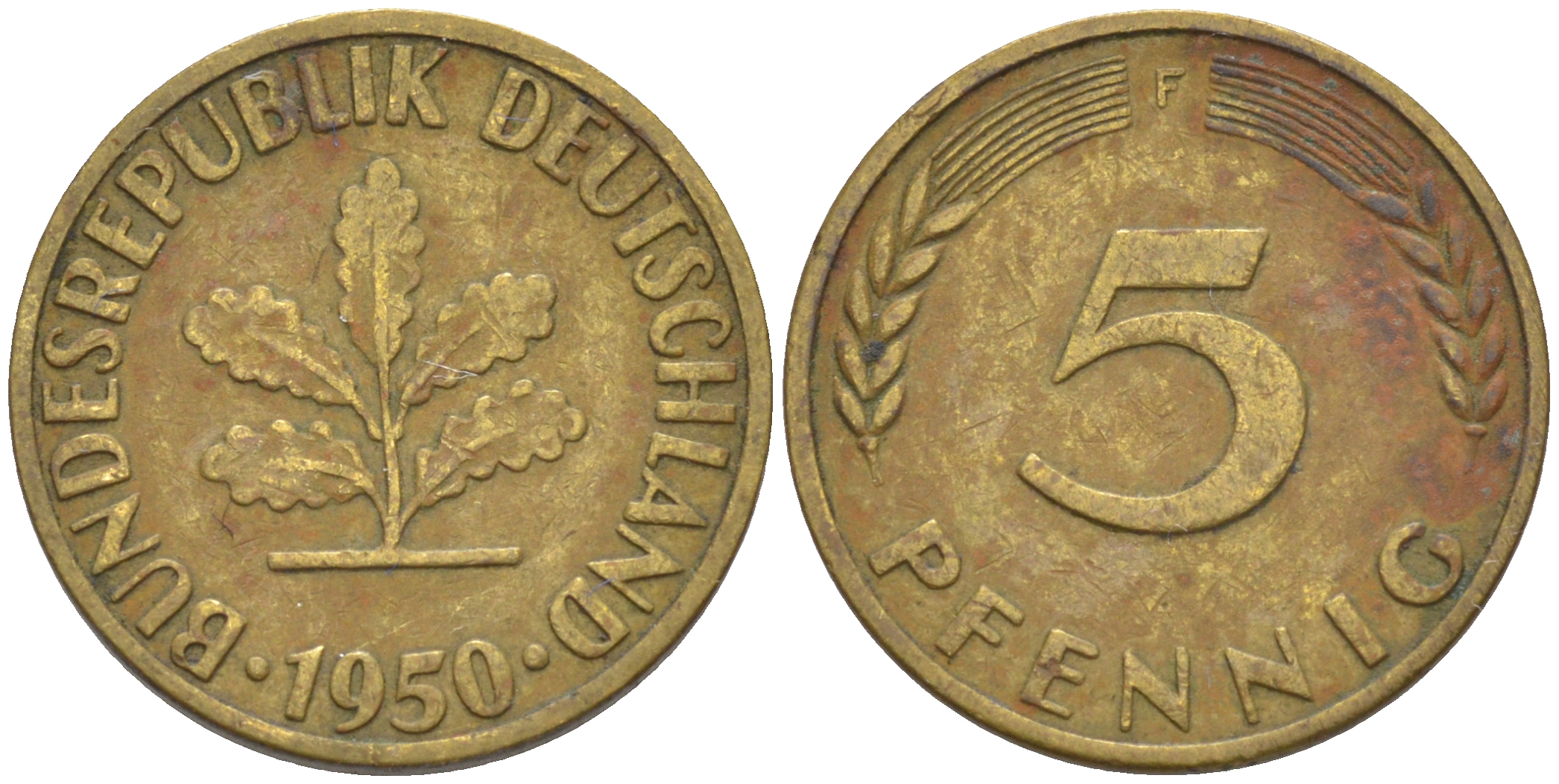 ФРГ 5 пфеннигов 1950 F KM 107, J. 382 сталь плакированная латунью 55-1245