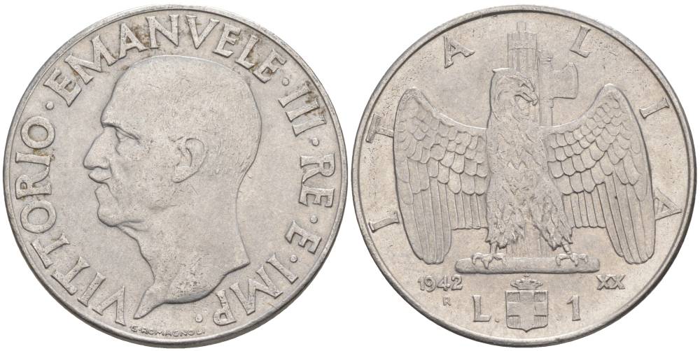 ИТАЛИЯ 1 ЛИРА 1942 R, ГОД XX, ВИКТОР ЭММАНУИЛ III (1900-1946) KM 77b, VEM3. 1102 нержавеющая сталь 3855-436