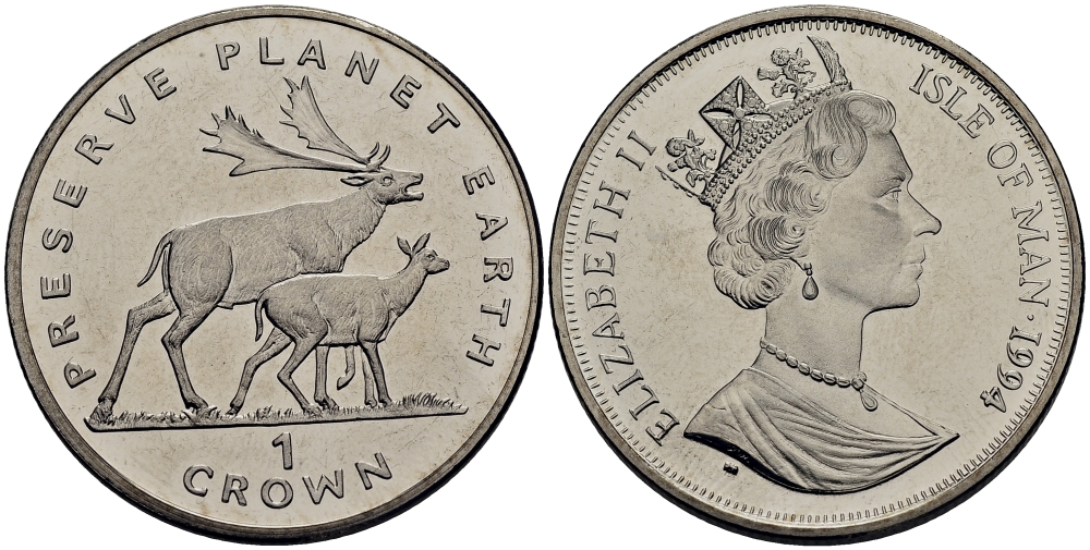 Остров Мэн 1 крона 1994 серия сохраним наш мир, олень и  олененок КМ 387 медно-никель UNC M91-03