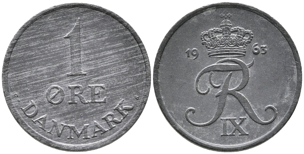 ДАНИЯ 1 ЭРЕ 1963 C; S, ФРЕДЕРИК IX (1947-1972) KM 839.2 цинк UNC 100-657