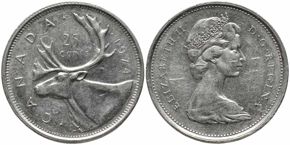КАНАДА 25 ЦЕНТОВ 1974 ЕЛИЗАВЕТА II, ОЛЕНЬ KM 62b никель 87-1115
