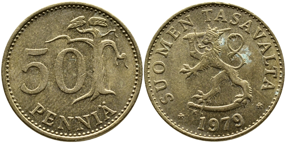 ФИНЛЯНДИЯ 50 ПЕННИ 1979 К KM 48 алюминиевая бронза 4382-1056