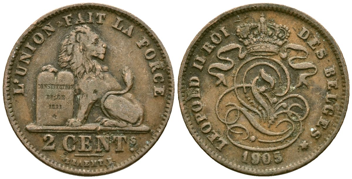 Бельгия 2 сантима 1905 KM 35 медь 4177-1046