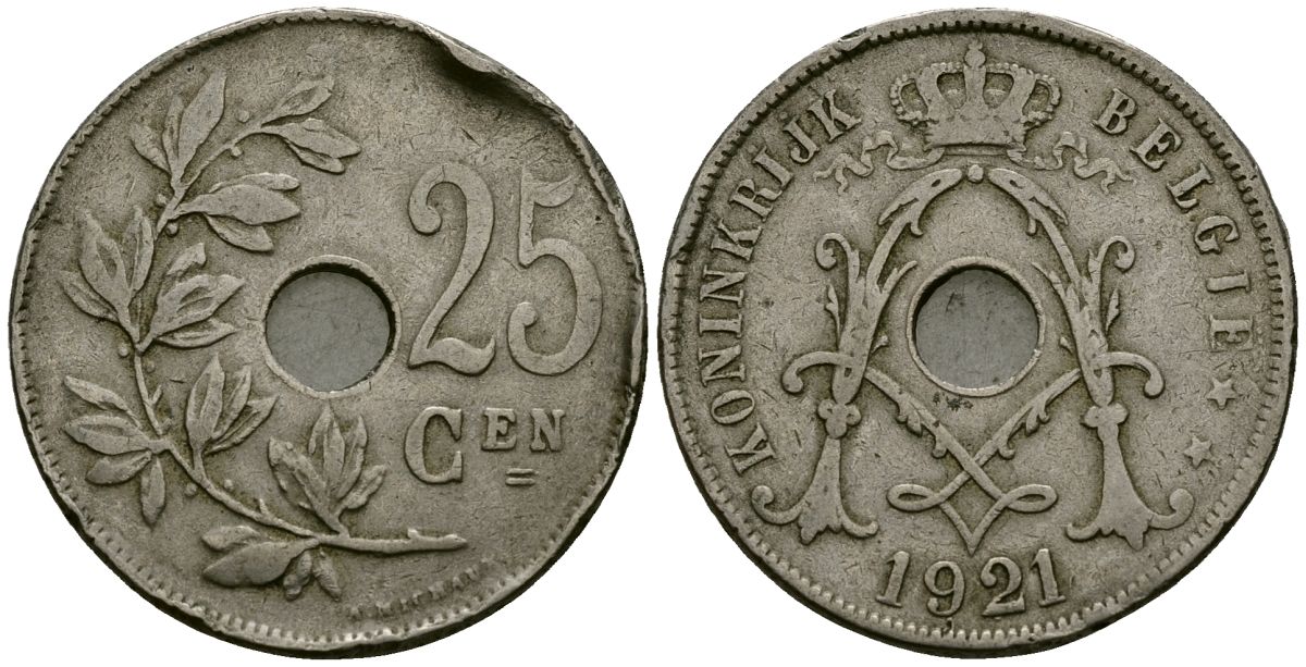 Бельгия 25 сантимов 1921 Belgie KM 69 медно-никель 4165-816