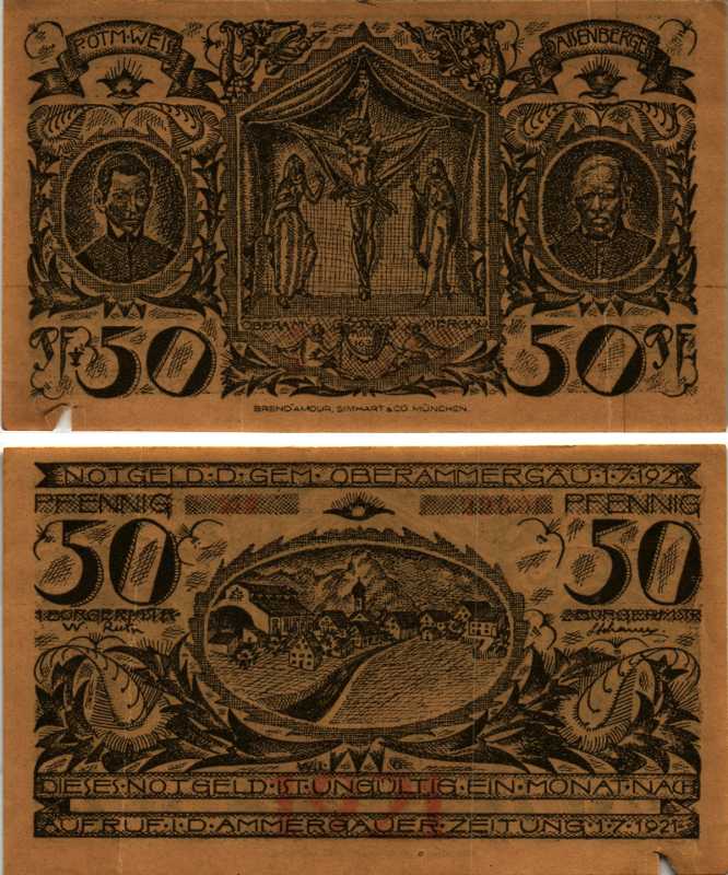 ОБЕРАММЕРГАУ 50 ПФЕННИГОВ 1921 С 1 ИЮЛЯ 1921 НА 1 МЕСЯЦ, НОГЕЛЬД, ЗЕМЛЯ БАВАРИЯ, КОММУНА, РАЙОН ГАРМИШ-ПАРТЕНКИРХЕН Keller 992.4 бумага 6318-26-3-2