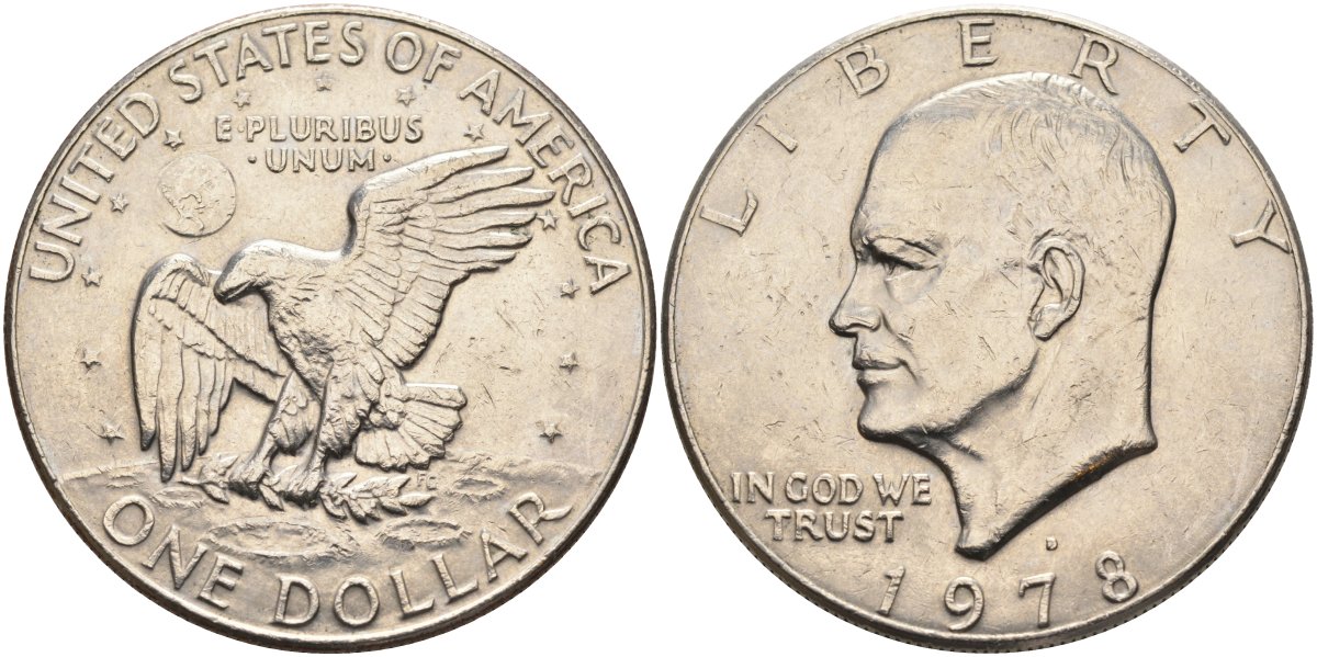 США 1 доллар 1978 D, Президент Эйзенхауэр, лунный орел KM А203 медь плакированная медно-никелем 4578-212