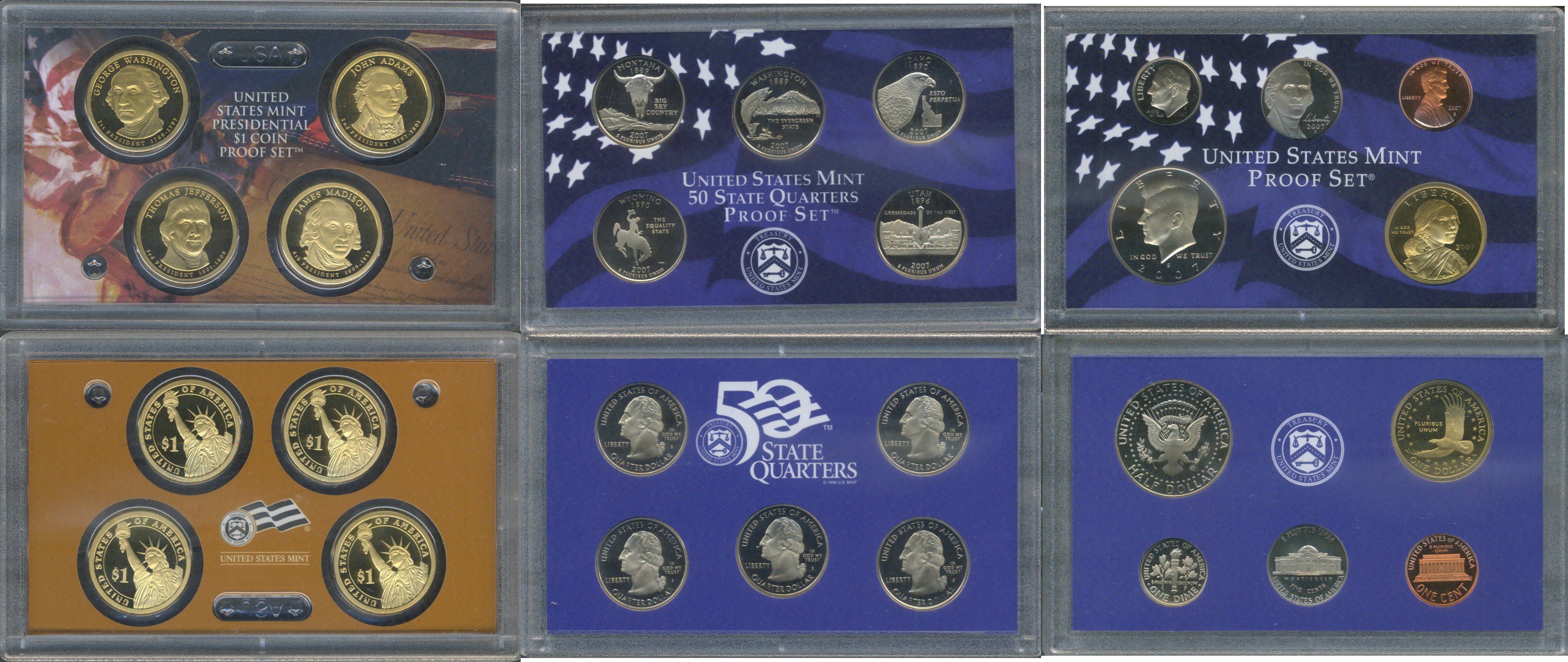 США полный годовой набор из 14 монет (1, 5, 10 (дайм) и 25 (квотер) центов; 1/2 (50 центов) и 1 доллар) 2007 в оригинальной упаковке с сертификатами KM 468, 381, 195a, A202b, 310, 396, 397, 398, 399, 400, 401, 402, 403 и 404 PROOF 8-2-06-74
