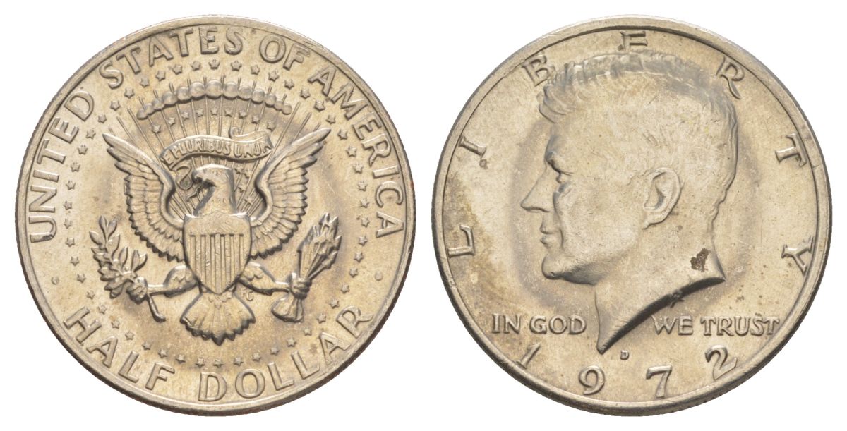 США 1/2 доллара (50 центов) 1972 D, Джон Кеннеди KM 202b медь плакированная медно-никелем aUNC 3855-916