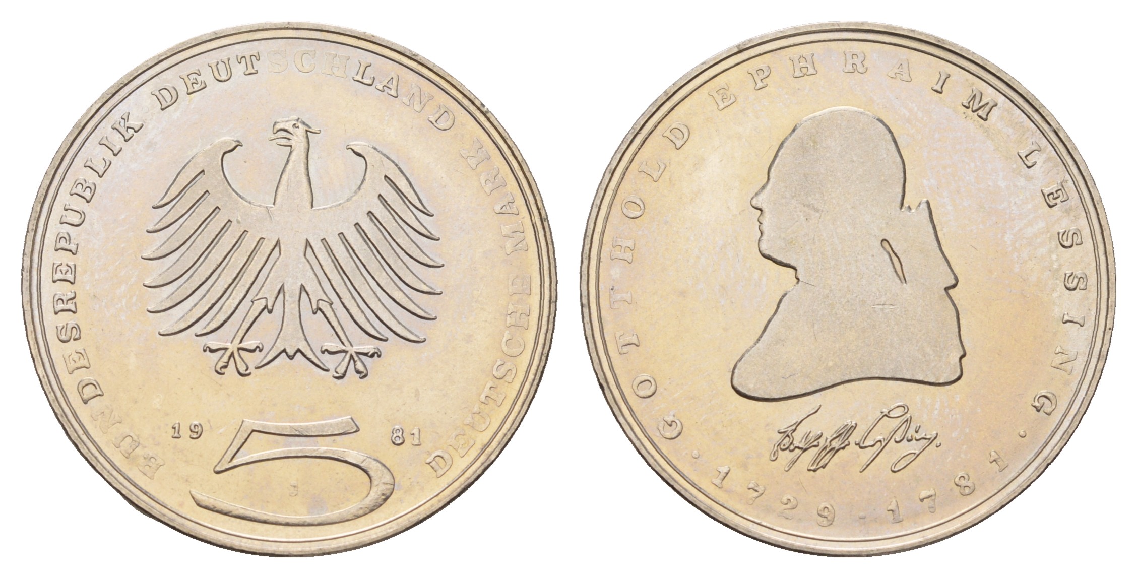 ФРГ 5 марок 1981 J, 200 лет со дня смерти Готхольда Эфраима Лессинга KM 154, J.429 медно-никель плакированный никелем UNC 4680-222