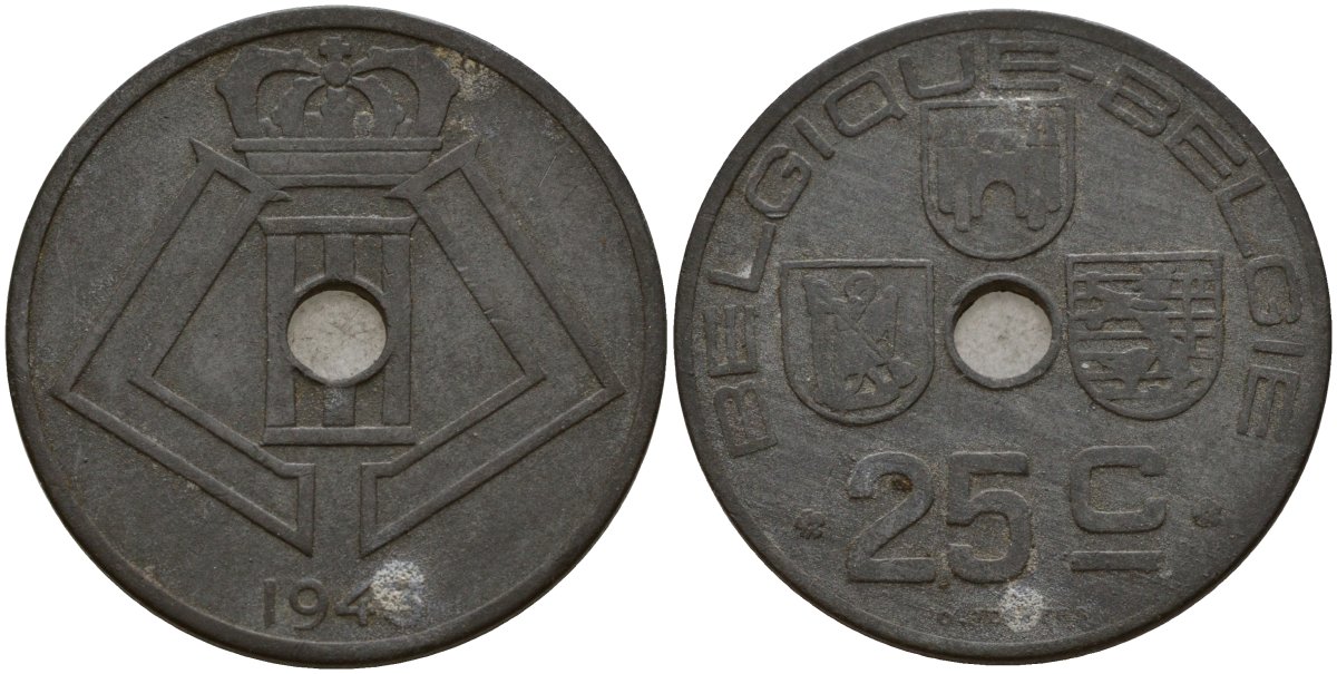 Бельгия 25 сантимов 1943 Belgique - Belgie KM 131 цинк 4187-941