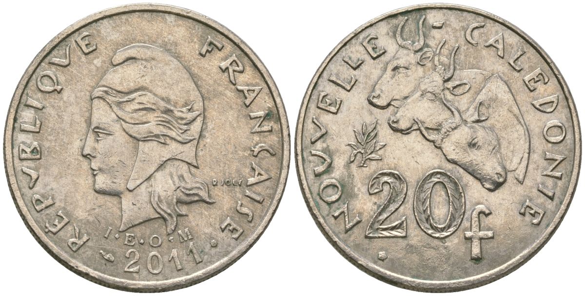 Французская Новая Каледония 20 франков 2011 три быка, (IEOM) KM 12a, Schoen 14a, Lec 115j медно-никель 84-1033