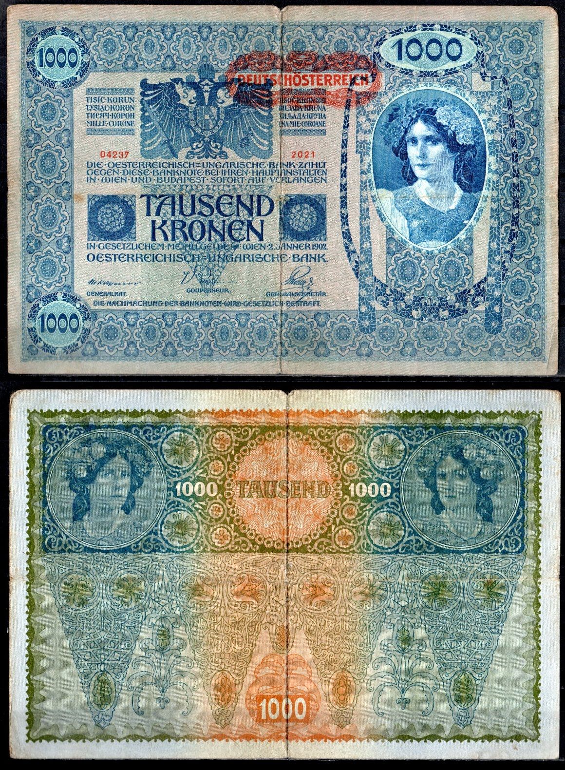 Австрия 1000 крон 1902 (1919) Pick 60 бумага 8613-6-1-1
