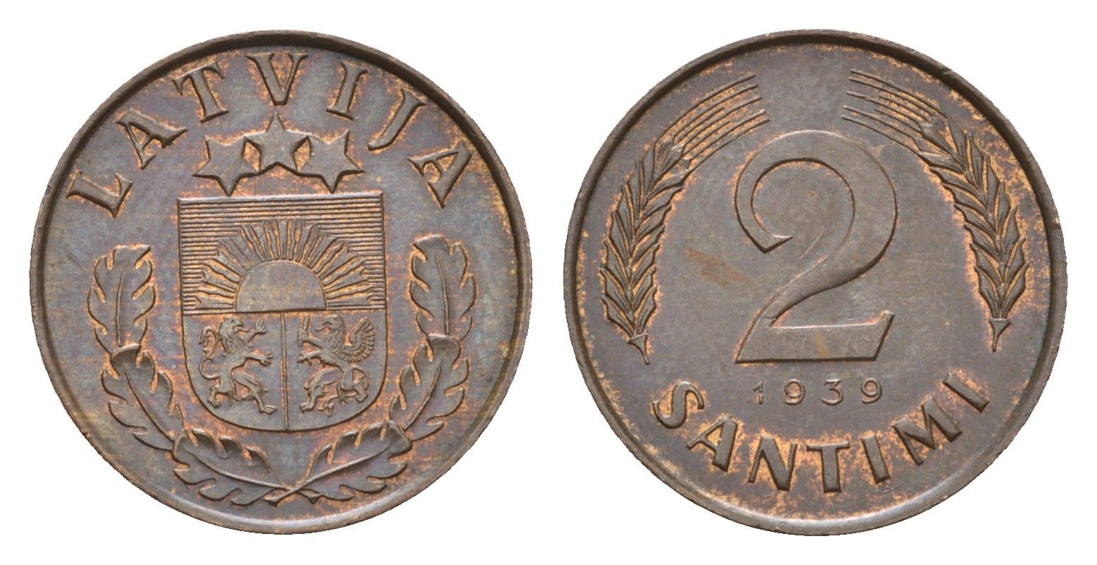 Латвия 2 сантима 1939 KM 11.2 бронза 4679-254