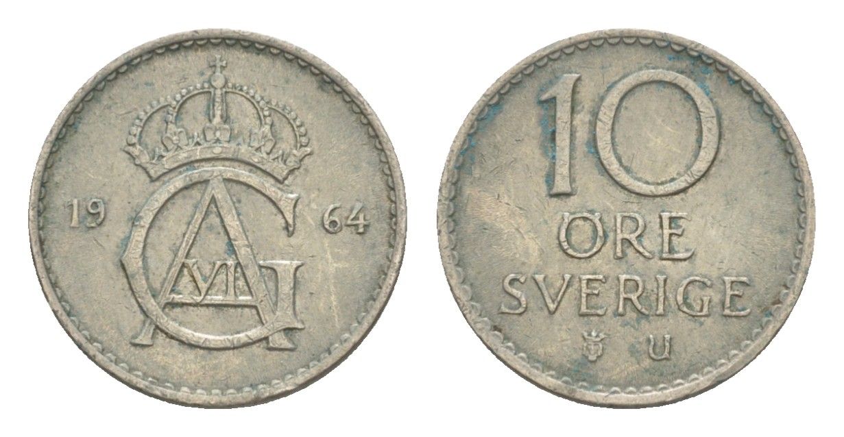 Швеция 10 эре 1964 U, Густав VI Адольф (1950-1973) KM 835 медно-никель 4643-363