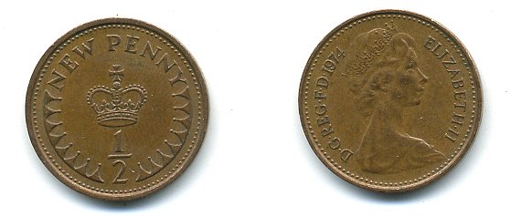 Великобритания 1/2 пенни 1974 Елизавета II (1952-2022) KM 914, Spink 4239 бронза 4110-1716