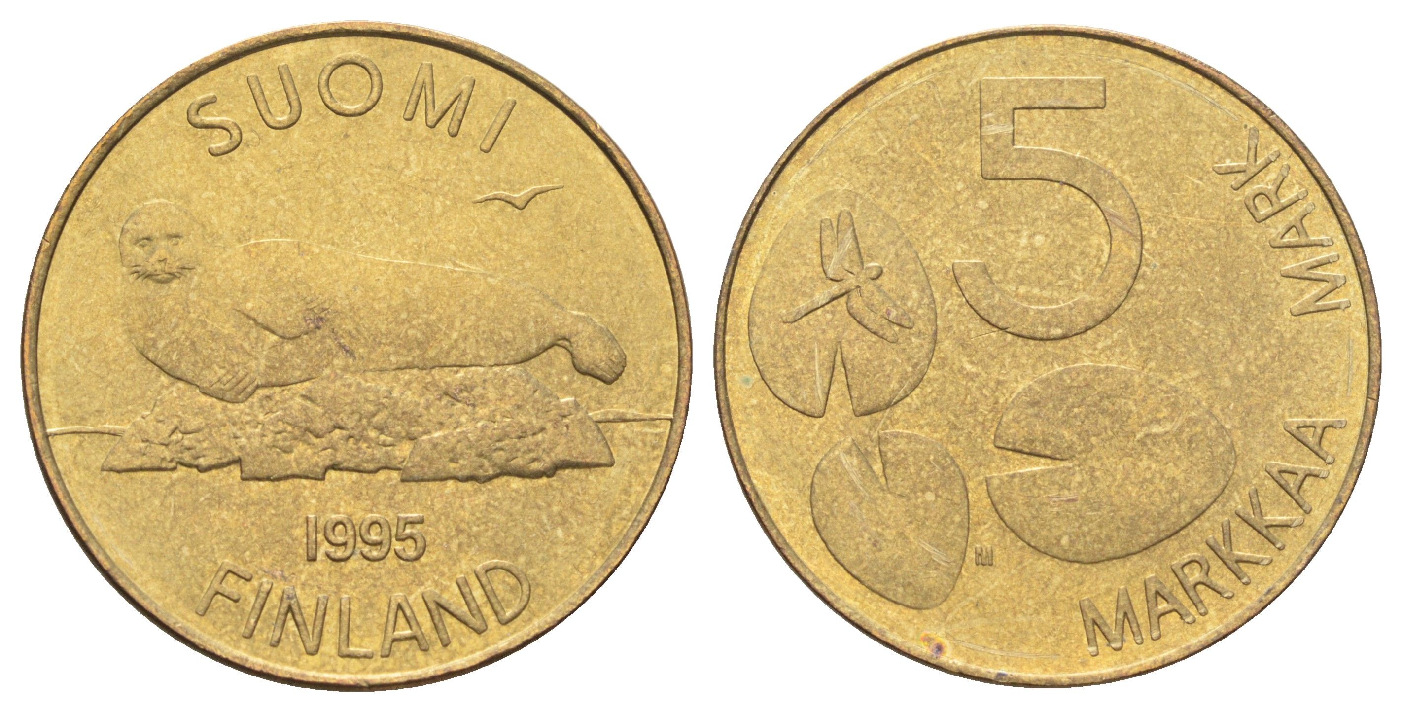 Финляндия 5 марок 1995 KM 73 алюминиевая бронза 4666-836