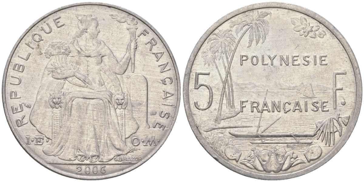 Французская Новая Каледония 5 франков 2006 птица кагу, (IEOM) KM 16, Schoen 12, Lec 81k алюминий 215-111