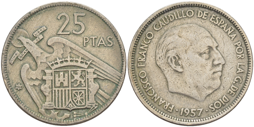 Испания 25 песет 1957 (64) Франсиско Франко (1939-1975) KM 787 медно-никель 216-657