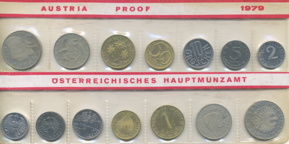 Австрия набор из 7 монет  1979  2, 5, 10, 50 грошей, 1, 5, 10 шиллингов, в целлофане PROOF 4294-10-1