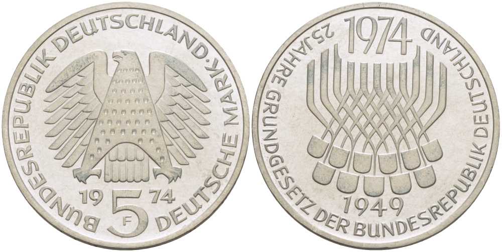 ФРГ 5 марок 1974 F, 25 лет со дня принятия конституции ФРГ KM 138, J.413 серебро 180-1024