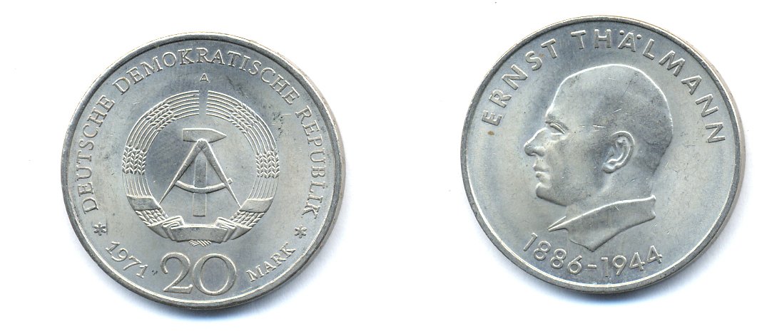 ГДР 20 марок 1971 A, 85 лет со дня рождения Эрнста Тельмана KM 34, J. 1535 медно-никель 3333-514