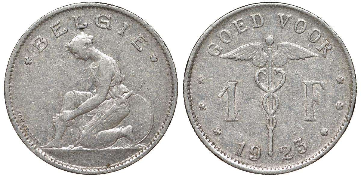 Бельгия 1 франк 1923 Belgie, Альберт I (1909-1934) KM 90 никель 51-1122