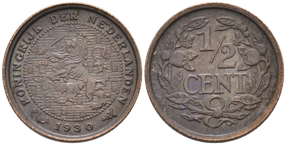 Нидерланды 1/2 цента 1930 Вильгельмина (1890-1948) KM 138 бронза 4576-436