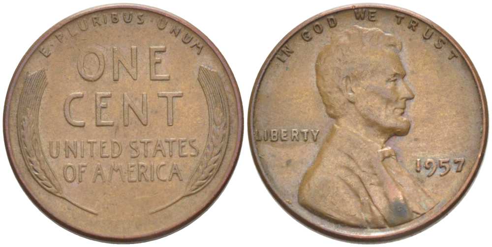 США 1 ЦЕНТ 1957 ЛИНКОЛЬН KM А132 медь цинк 3309-1168