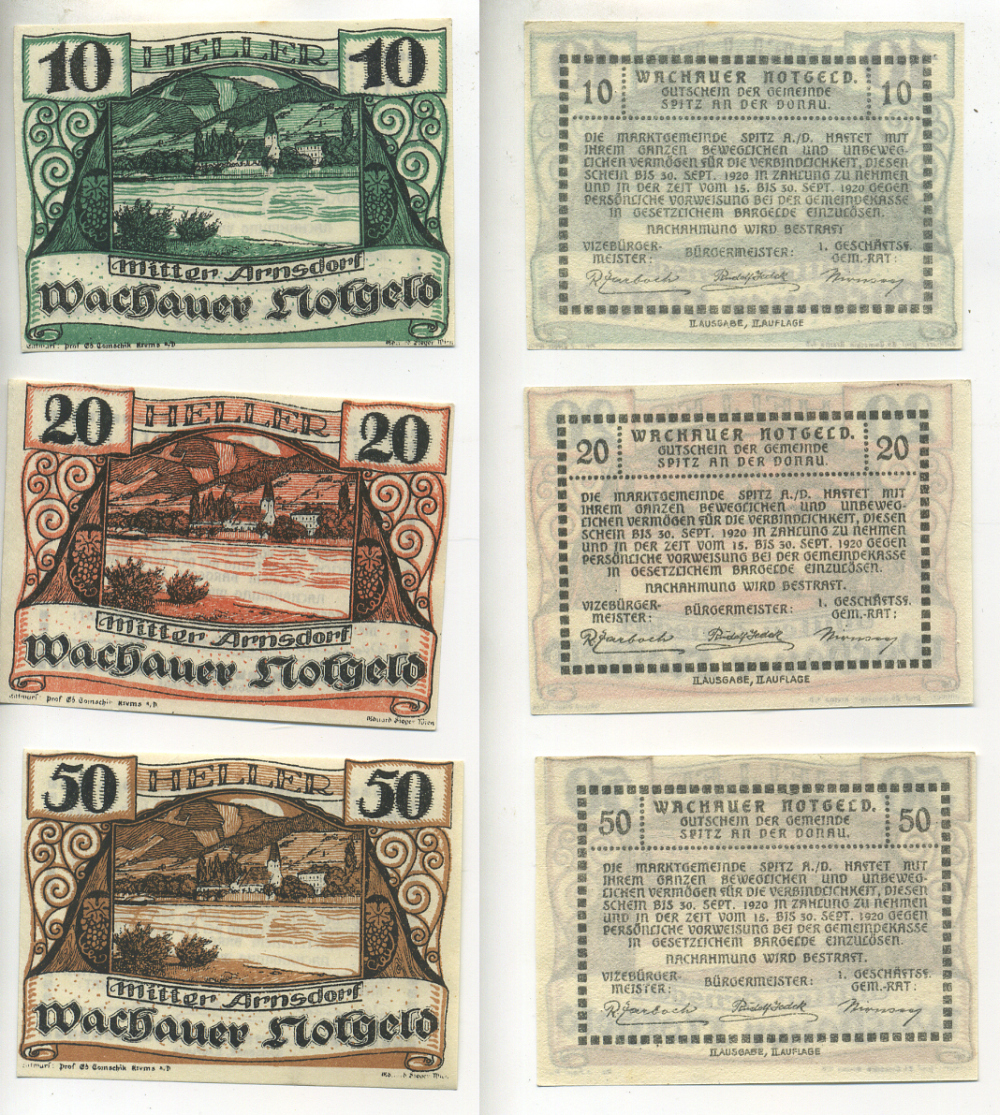 АВСТРИЯ, ВАЧАУ НАБОР ИЗ 3 БАНКНОТ 1920 30 СЕНТЯБРЯ 1920, НОТГЕЛЬД, 10, 20, 50 ГЕЛЛЕРОВ, MITTER ARNSDORF, ВТОРОЙ ВЫПУСК бумага aUNC 70-20-4