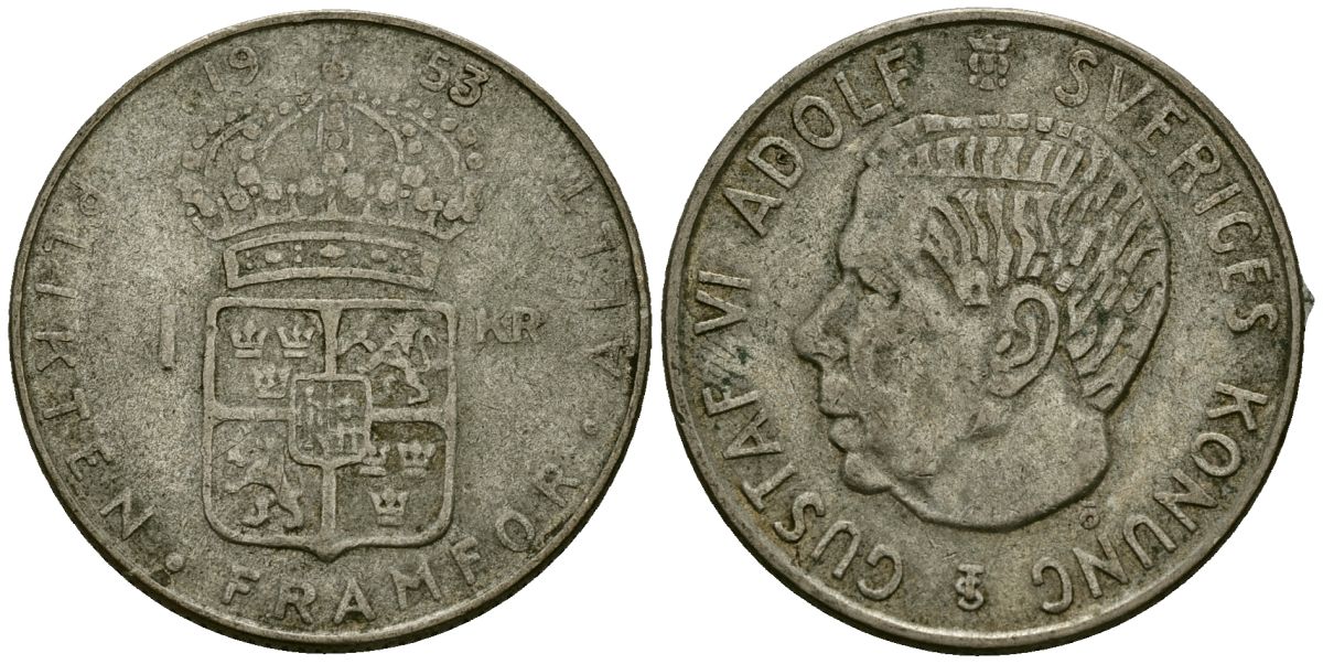 Швеция 1 крона 1953 TS, Густав VI Адольф (1950-1973) KM 826 серебро 4177-956