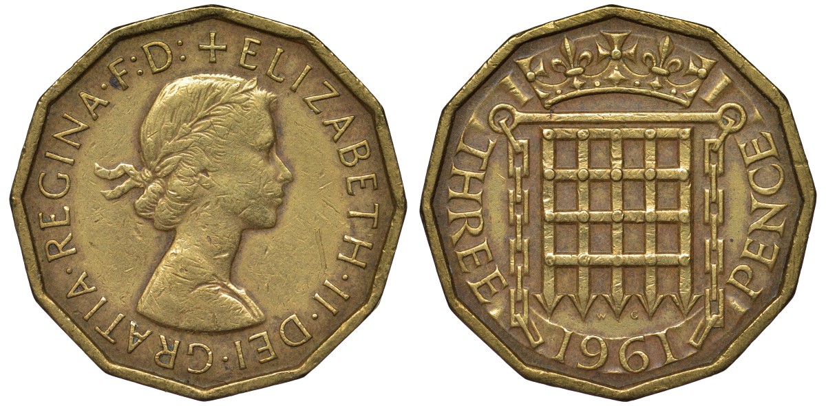 Великобритания 3 пенса 1961 Елизавета II (1952-2022) KM 900, Spink 4153 никель латунь 4122-935