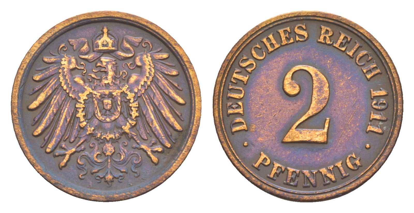 Германия 2 пфеннига 1911 A, Вильгельм II (1888-1918) KM 16, J. 11 медь 4164-262
