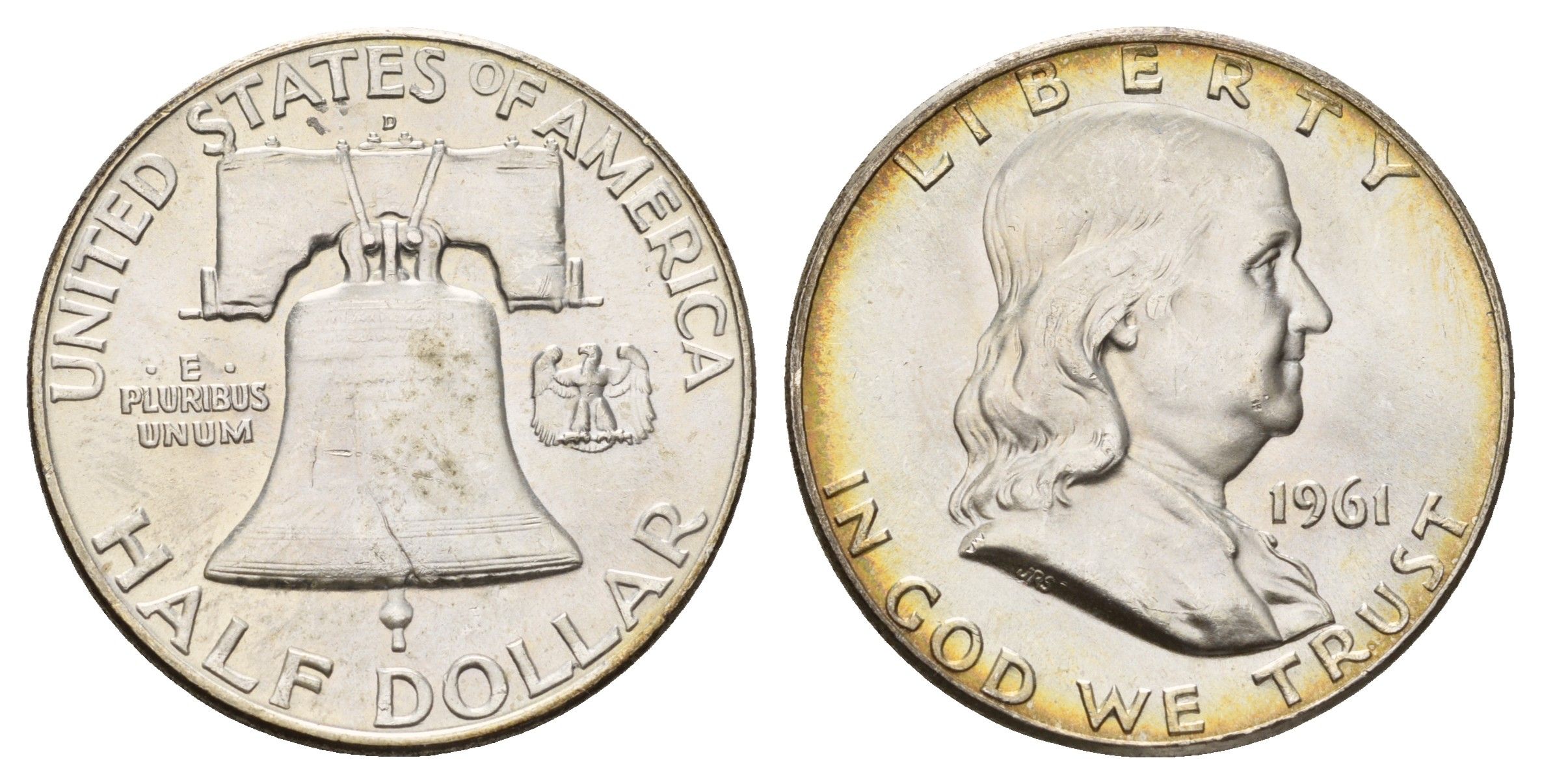 США 1/2 доллара (50 центов) 1961 D, Бенджамин Франклин, колокол KM 199 серебро aUNC 1528-1041