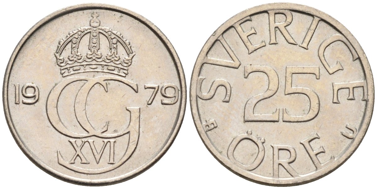 Швеция 25 эре 1979 Карл XVI Густав (1973- ) KM 851 медно-никель UNC 4585-514