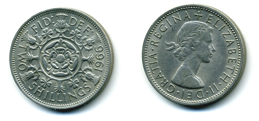 Великобритания 2 шиллинга (флорин) 1966 Елизавета II (1952-2022) KM 906, Spink 4146 медно-никель 89-1653