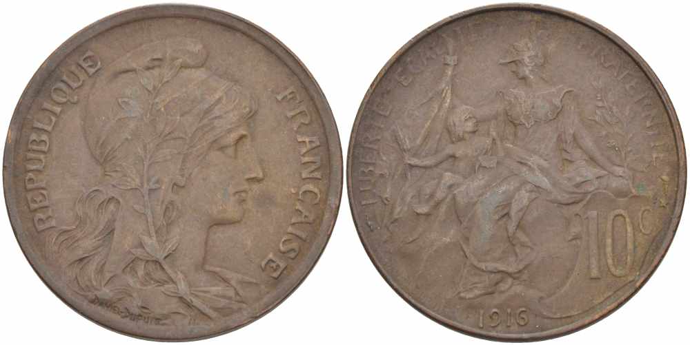 ФРАНЦИЯ 10 САНТИМОВ 1916 ТИП ДАНИЭЛЬ ДЮПЮИ, INCLUS KM 843, LA FRANC 136.28 бронза 109-413