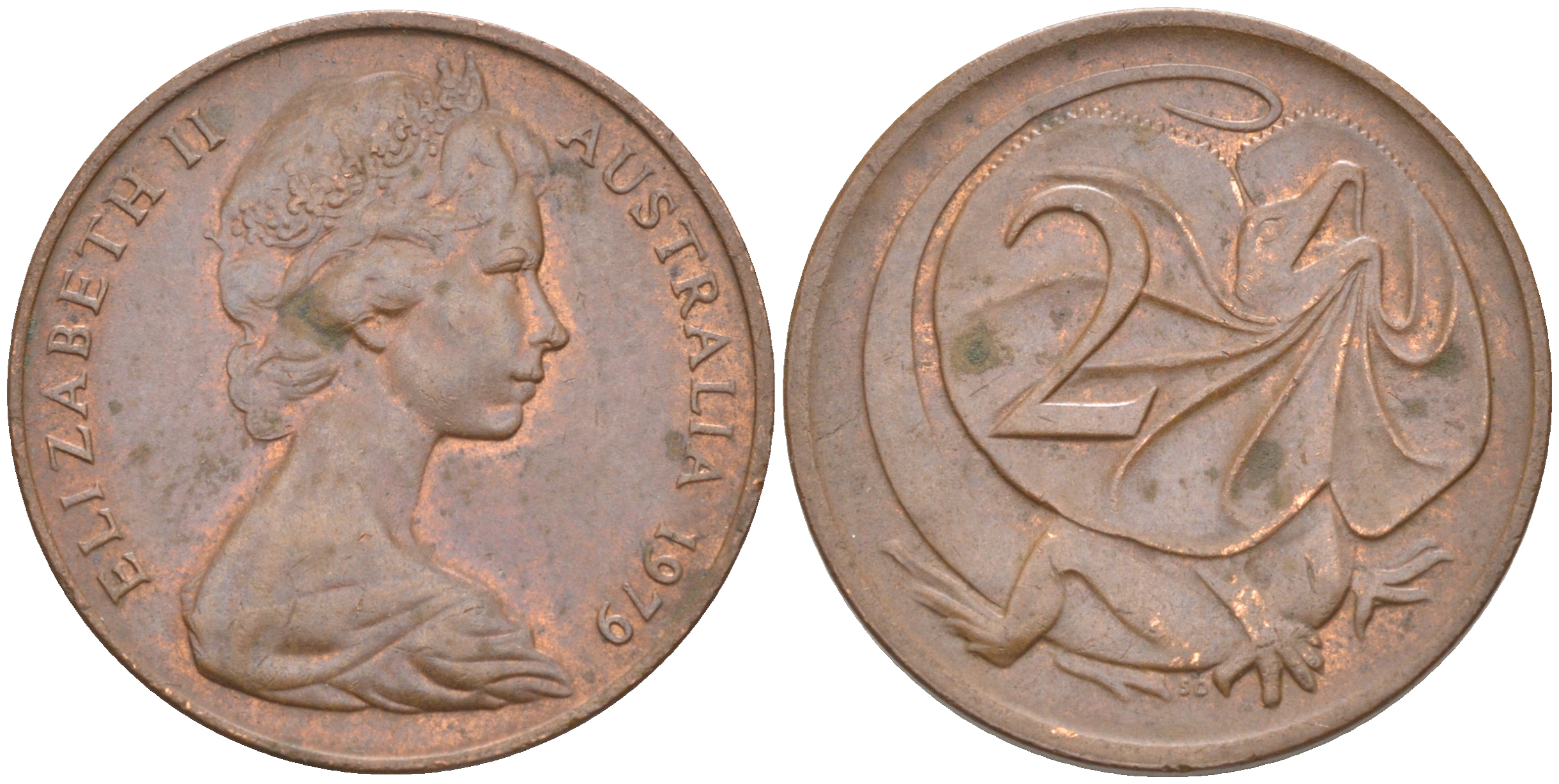Австралия 2 цента 1979 Елизавета II (1952-2022), плащеносная ящерица (FRILLED LIZARD)  KM 63 бронза 175-1017