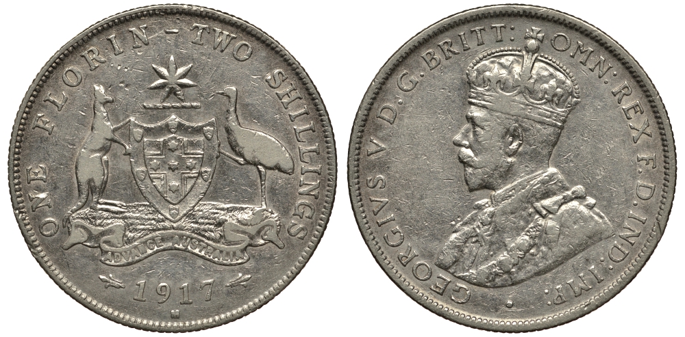 Австралия 1 флорин 1917 Георг V (1910-1936), герб Австралии KM 27 серебро 272-312