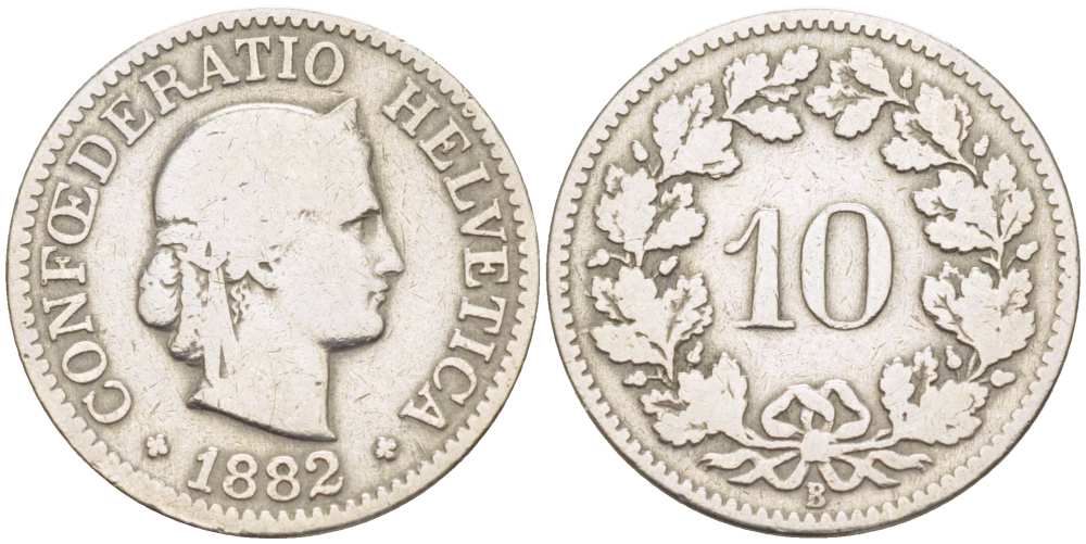 Швейцария 10 раппенов 1882 В KM 27 медно-никель 206-1125