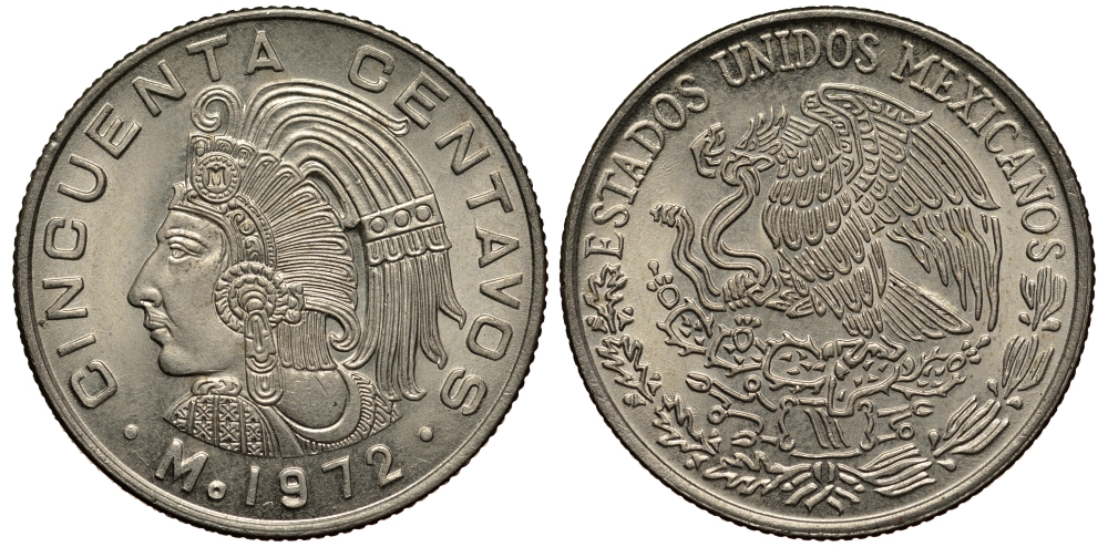 МЕКСИКА 50 СЕНТАВО 1972 КУАУТЕМОК, ПОСЛЕДНИЙ ТЛАТОАНИ ГОСУДАРСТВА АЦТЕКОВ KM 452 медно-никель XF 3334-635