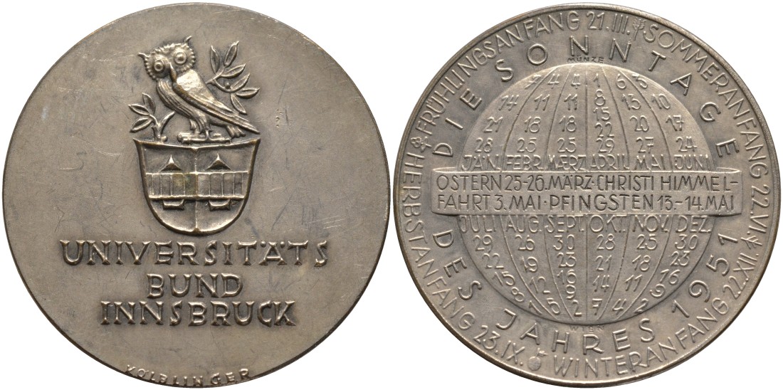 Австрия медаль 1951 серия университет Инсбрука, открытия 1951 года, медальер Kolblinger, диаметр 40 мм., серебрение бронза 4552-223