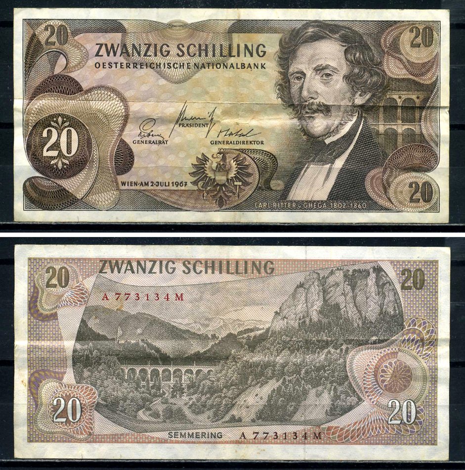 Австрия 20 шиллингов 1967 2 июля 1967, Карл Риттер фон Гега, brown color Pick 142a(1) бумага 8601-3-4-2