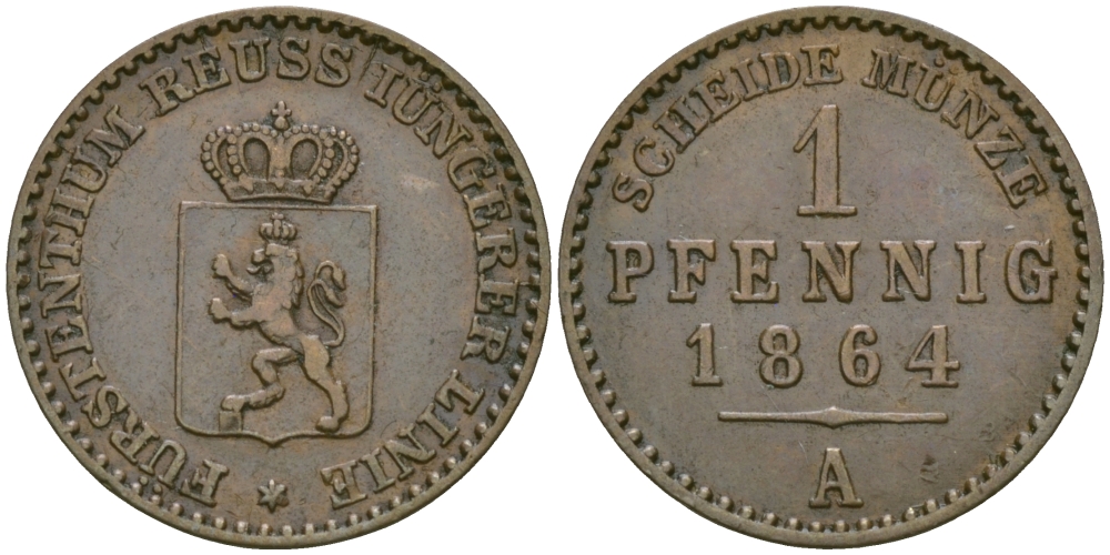 РЕЙС-ШЛАЙЦ 1 ПФЕННИГ 1864 А KM 69 медь 99-924