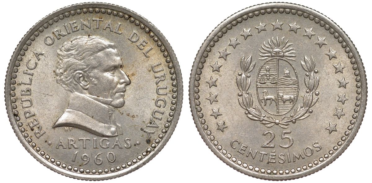 Уругвай 25 сентесимо 1960 KM 40 медно-никель 4580-1146