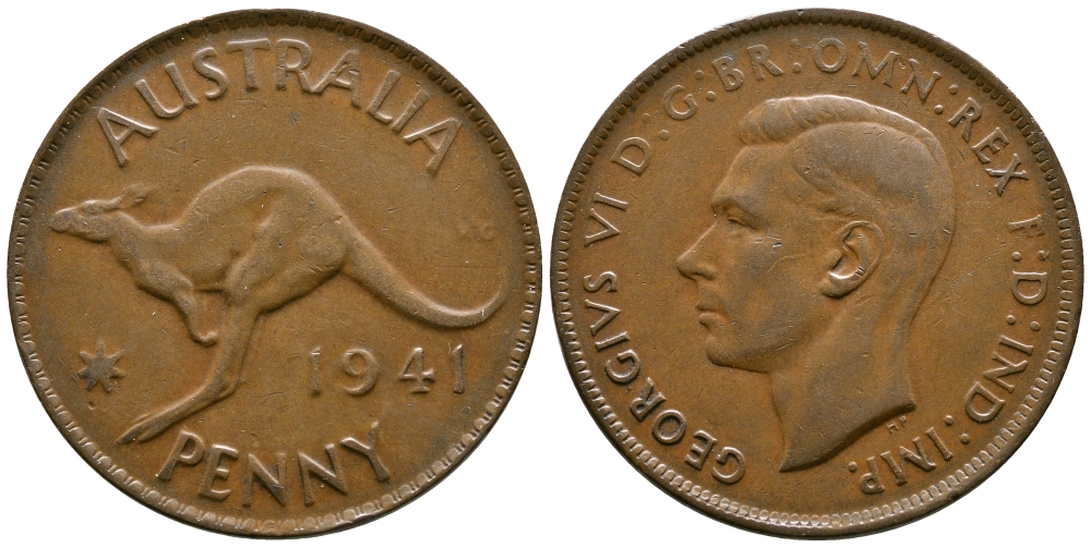 Австралия 1 пенни 1941 KG, Георг VI (1936-1952), кенгуру KM 36 бронза 4557-926
