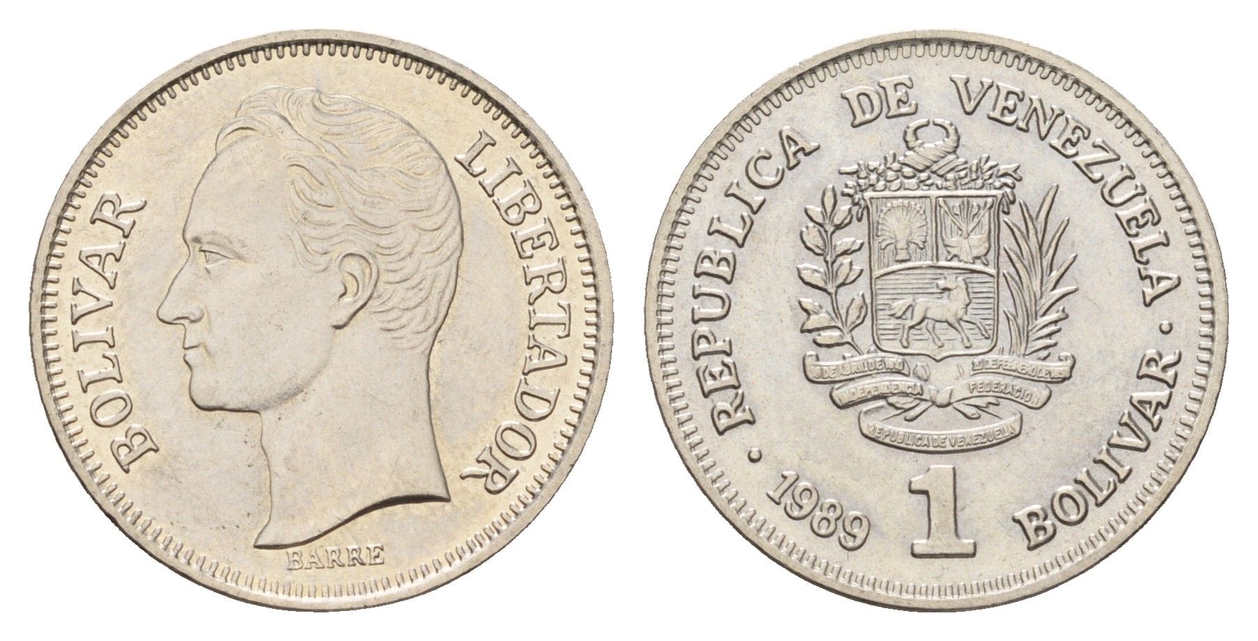 Венесуэла 1 боливар 1989 Симон Боливар Y 52a сталь плакированная никелем UNC 4132-1124