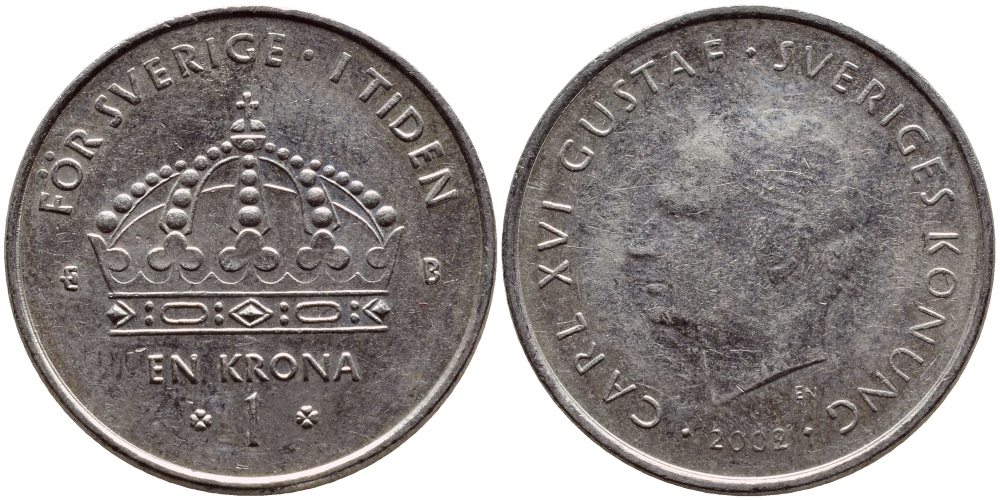 Швеция 1 крона 2002 Карл XVI Густав (1973- ) KM 894 медно-никель 4364-1327